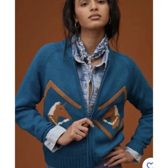 Anthropologie Tiny Horse Knit Zip Front Cardigan Womens S Western Equestrian - Picture 1 of 10